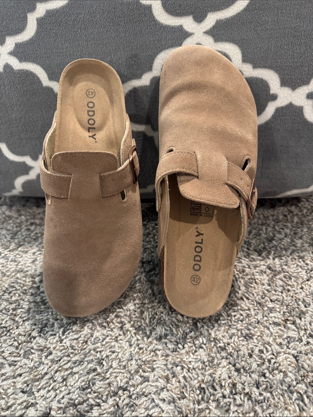 Suede Adjustable Mule Clogs in Taupe
